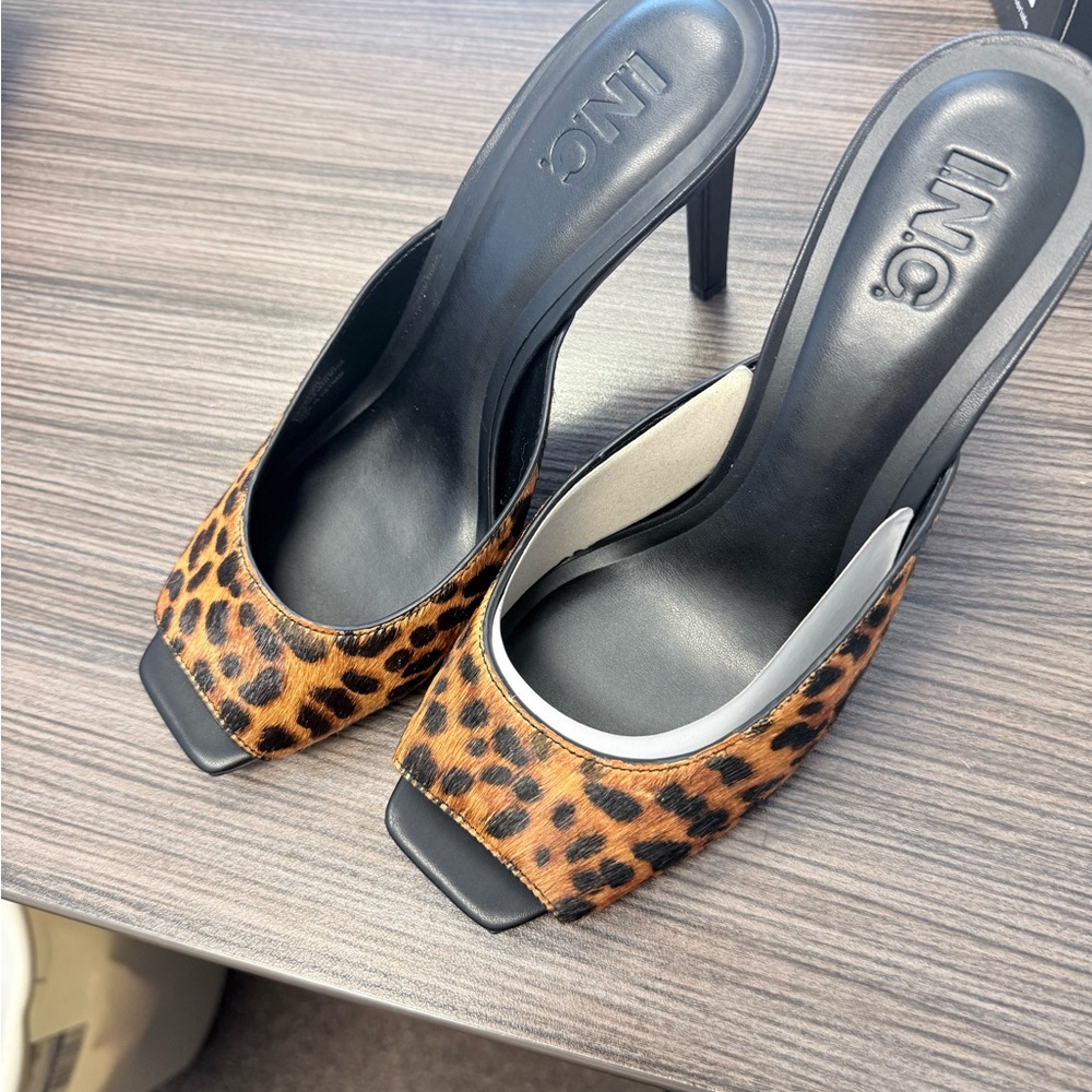 INC International Concepts Leopard-Print Open Toe Mule Heels - Black & Brown